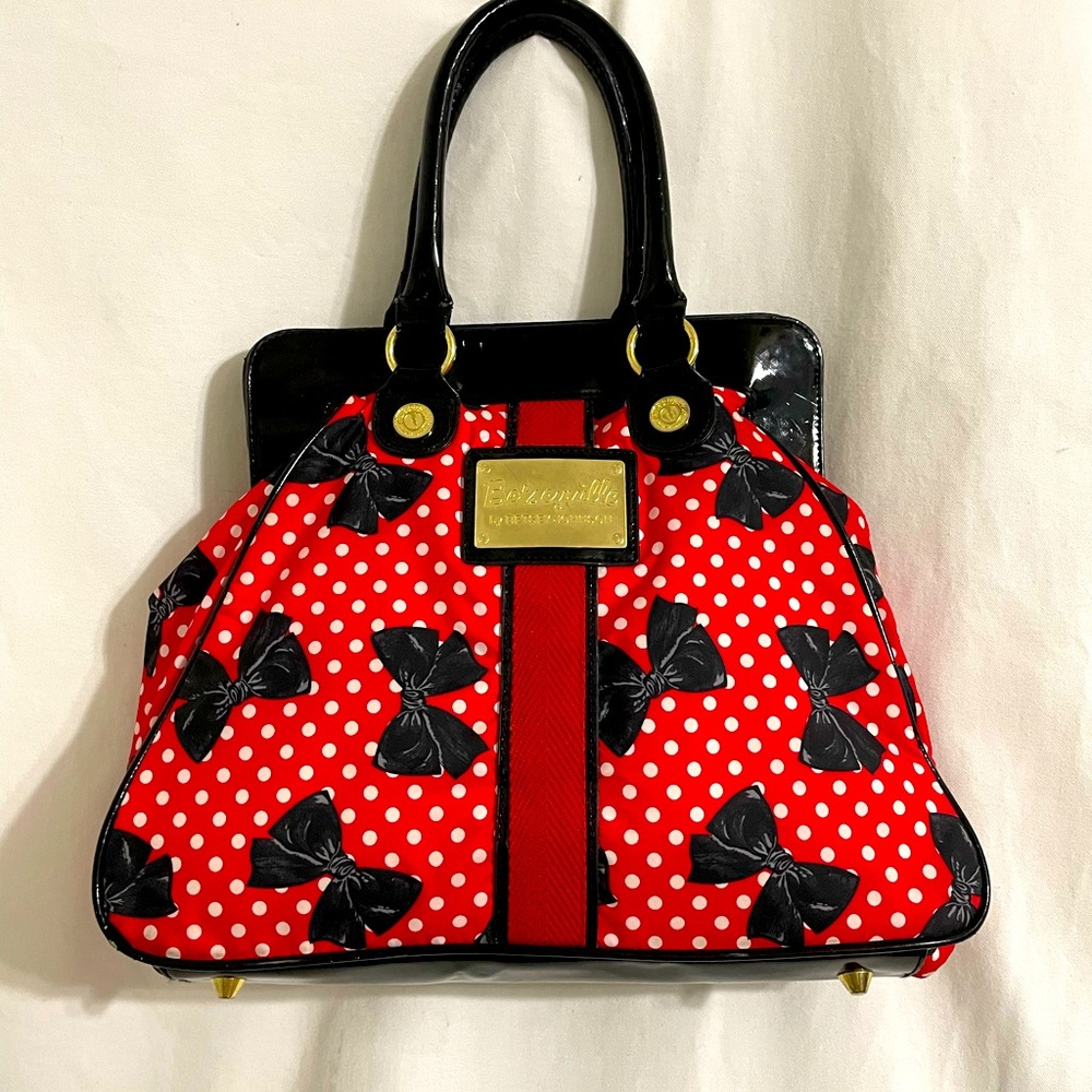 Betseyville by Betsy Johnson red polka dot black bow satchel bag purse GUC